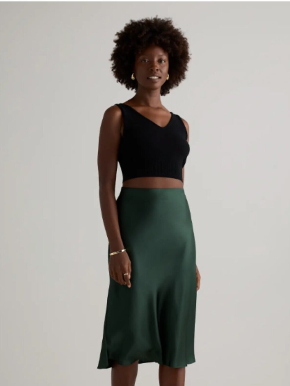 Quince Washable Mulberry Silk Midi Skirt Forest Green Elastic Waist Small